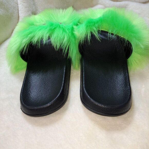 NWOT Faux Fur Neon Slides - Picture 6 of 8